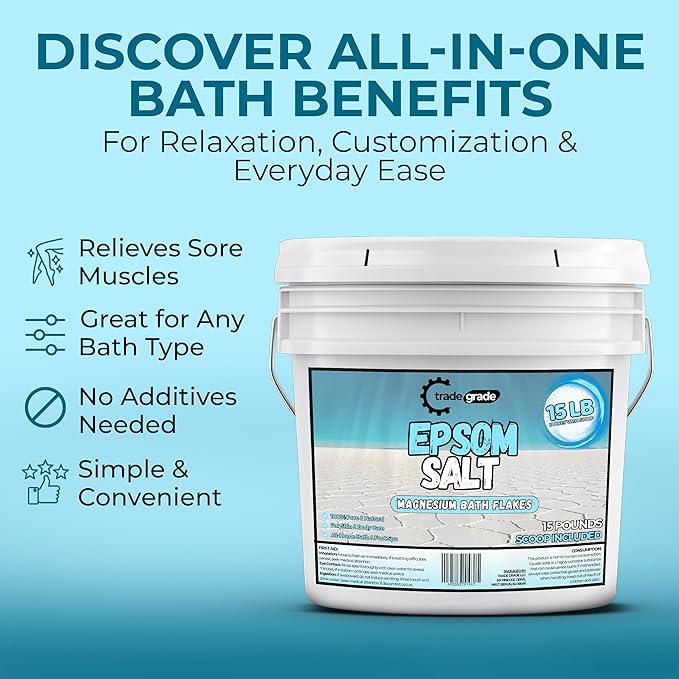 Epsom Salt Bath Soak 15 lb Bucket – Unscented, Pure Epsom Salt Bulk Crystals, Magnesium Sulfate for Full Body or Foot Soaks, Resealable Container with Scoop for Home Bath Use