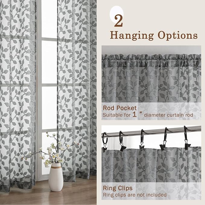 Chyhomenyc Charcoal Grey Sheer Curtains 30 Inch Length, Light Filtering Leaf - Image 5