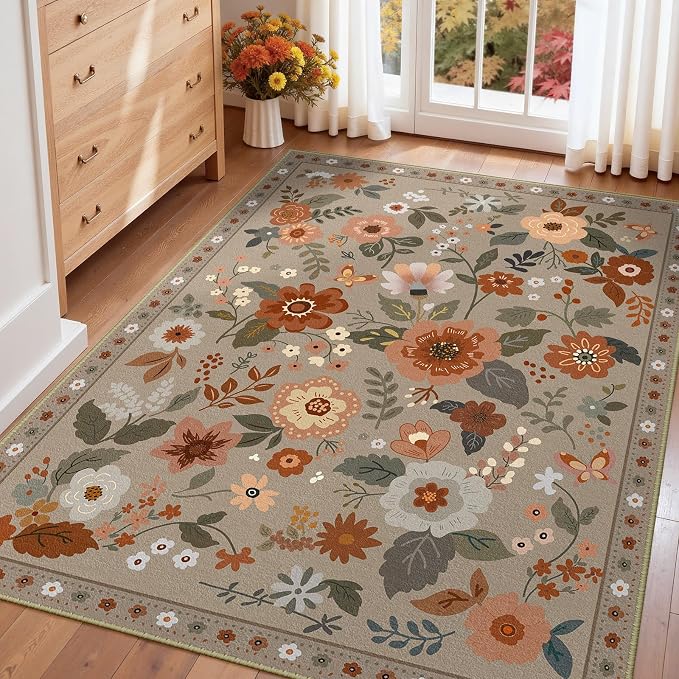 RELEANY Floral Washable 4x6 Area Rugs Brown/Brick | Flower Carpet Print Boho - Image 6