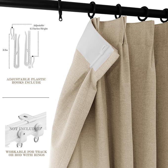 Sand Beige Pinch Pleat 100% Blackout Drapes Linen Blend, Room Divider, Room Darkening, Energy Saving, Furniture Protecting, Light Blocking Extra Wide Privacy Curtains, 200Wx102L, 1 PC