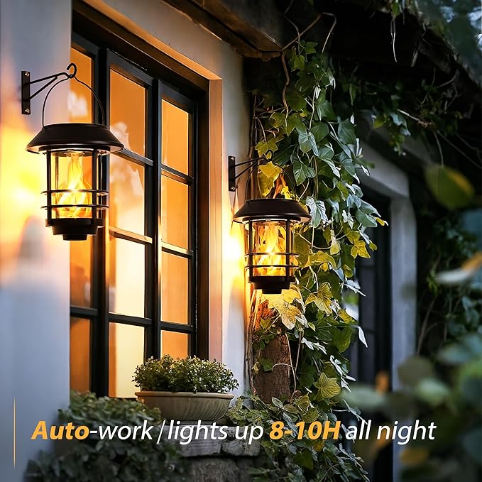 Otdair Solar Wall Lantern Outdoor, Flickering Flames Solar Sconce Lights Outdoor, Hanging Lamps Wall Mount for Front Porch, Patio and Yard, 2 Pack