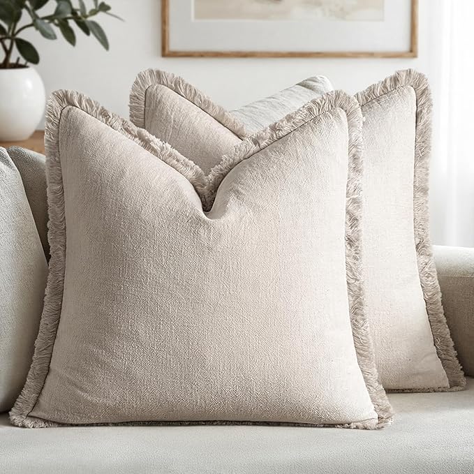 MIULEE Linen Fringe Decorative Euro Pillow Covers Natural Beige 24x24 | Set of 2 by MIULEE