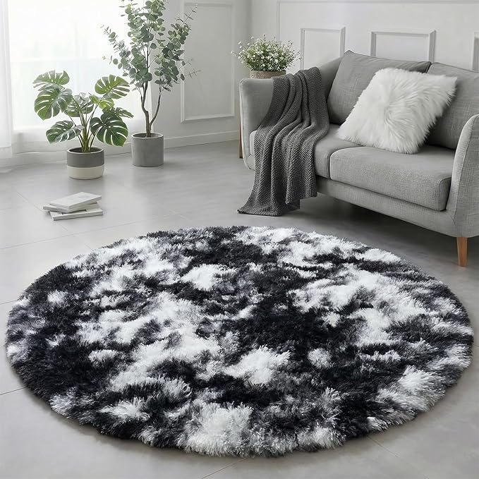 Amdrebio Black White Grey Round Rug 5Ft Circle Area Rugs by Amdrebio