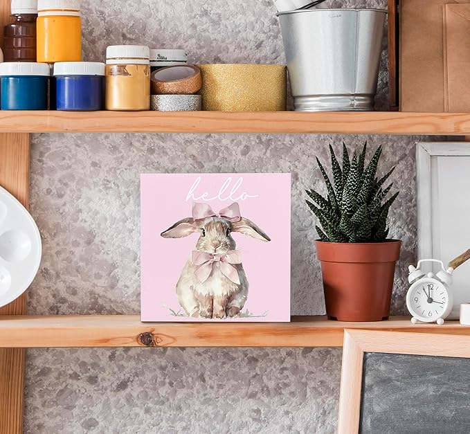 SRADMO Pink Coquette Bow Hello Bunny Wood Box Sign Desk Decor, Bunny Decorations, Easter Theme Wooden Block Box Sign Decoration for Home Office Shelf Table Decor