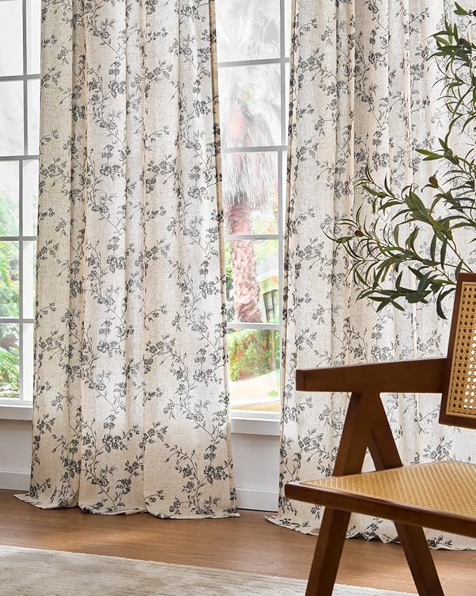 Black Vintage Floral Linen Curtains Farmhouse 38W X 84L 2 Panels | Elisa Series - Image 7