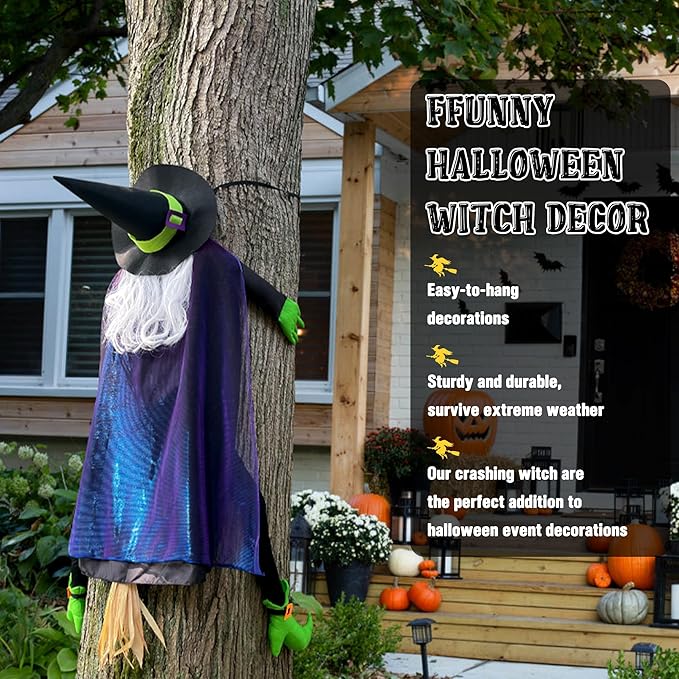POPGIFTU 64" Large Crashing Witch into Tree Halloween Outdoor Decoration – Funny Flying Witch Yard Prop for Porch, Garden & Lawn, Weather-Resistant Halloween Decor