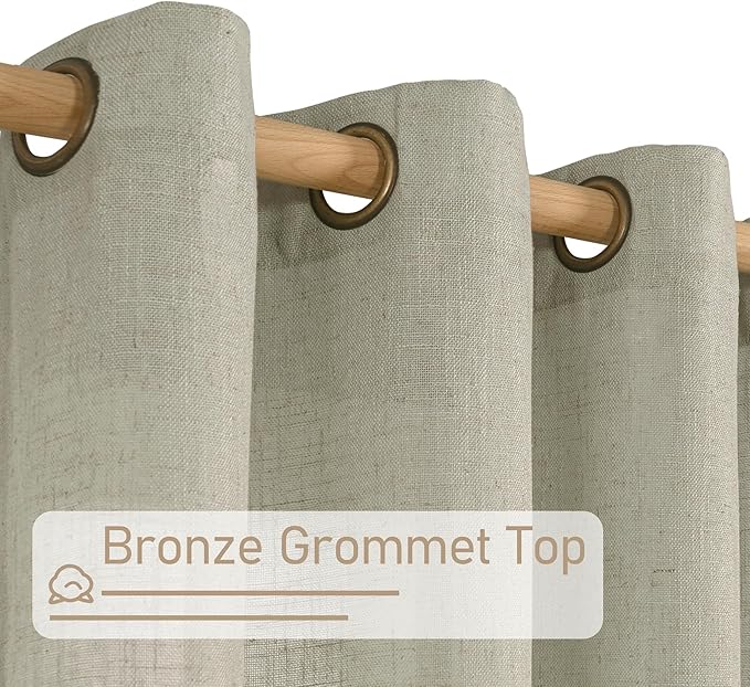 LAMIT Short Linen Curtains 40 Inch Length, Sage Grey Small Window Semi Sheer Drapes Light Filtering Bronze Grommet Neutral Panels for Cafe/Basement, 2 Panels Set, 34 x 40 Inch