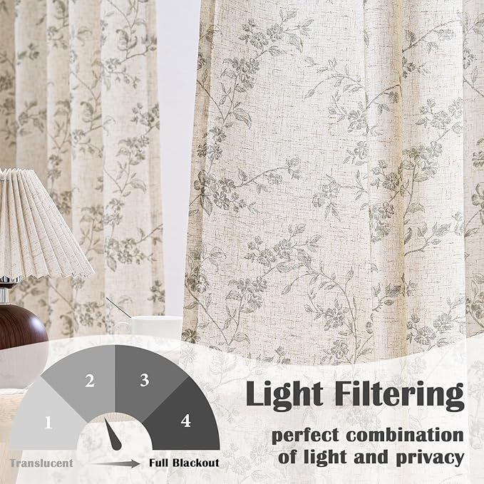Lazzzy Linen Farmhouse Curtains Grey Floral Curtains 63 Inch Long Back Tab - Image 3
