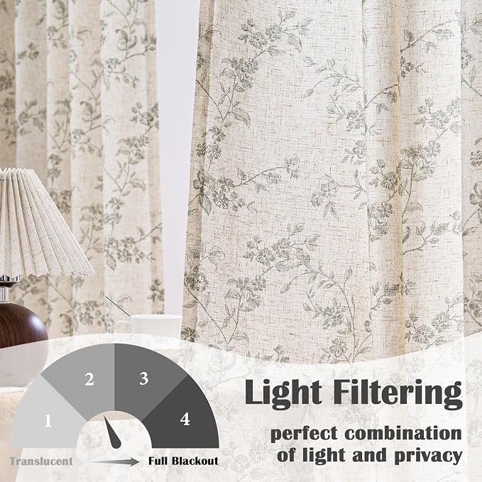 Lazzzy Grey Floral Linen Curtains 96 Inch Farmhouse Back Tab Drapes - Image 2