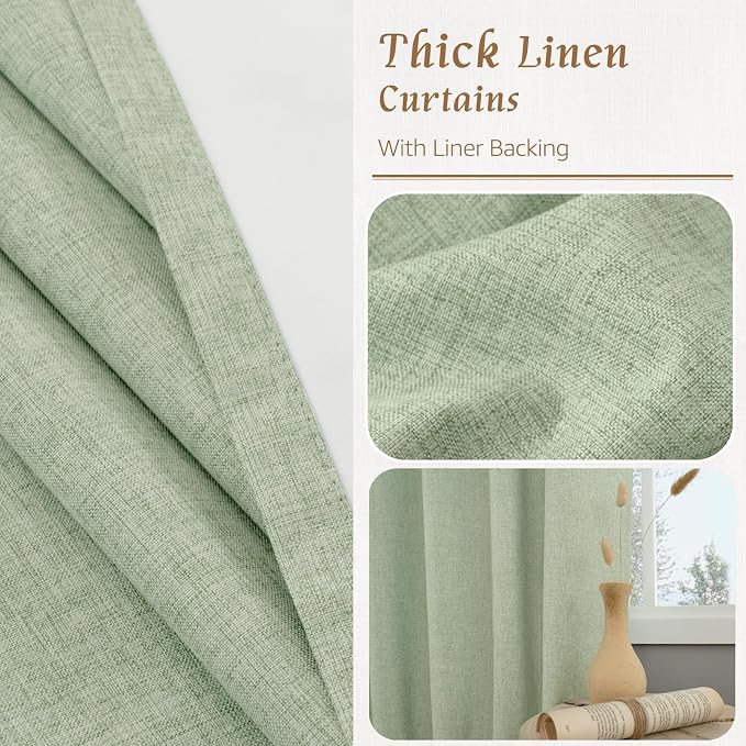 54 Inch Light Green Linen Full Blackout Window Curtains - Image 8