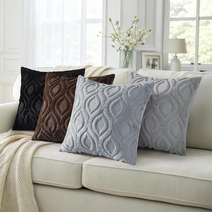 decorUhome Throw Pillow Covers 24x24 Inch Set of 2, Soft Plush Faux Wool Grey - Image 5
