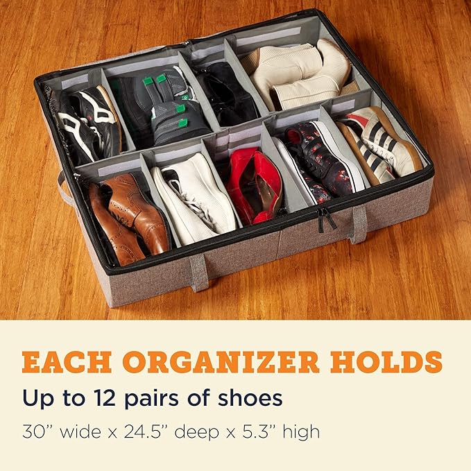 storageLAB Slim Under Bed Storage Containers, Closet Organizers with Sturdy Handles for Clothes, Comforters, and Accessories, Use Under or at the End of the Bed - 2 Pack, Adjustable Dividers, Grey
