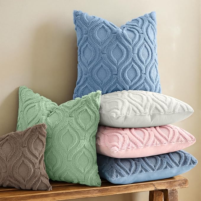 decorUhome Throw Pillow Covers 12x20 Inch Set of 2, Soft Plush Faux Wool Blue - Image 2