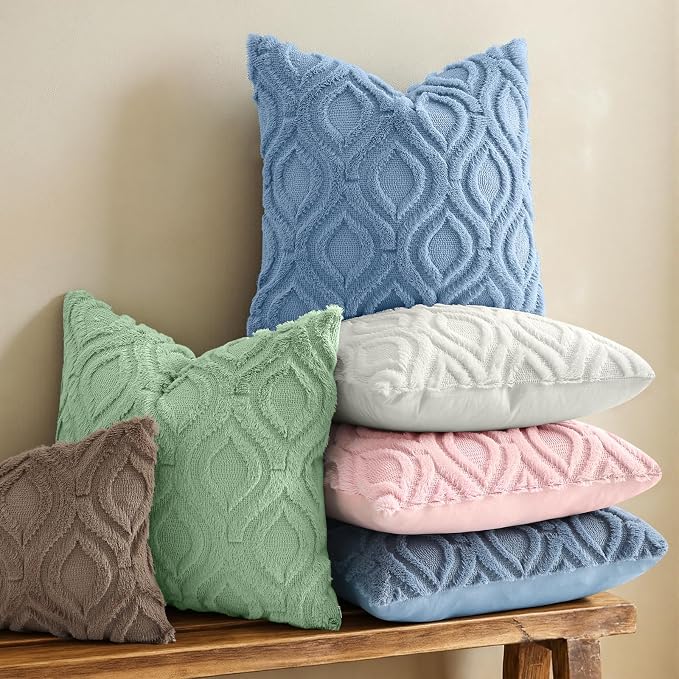 decorUhome Throw Pillow Covers 18x18 Inch Set of 2, Soft Plush Faux Wool Blue - Image 2
