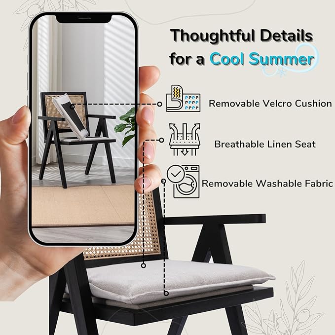 Rattan Dining Chairs Set of 6, Farmhouse Wicker Dining Chairs with Removable Linen Cushion Accent Cane Armchair for Dining Room Kitchen Restaurant, Black
