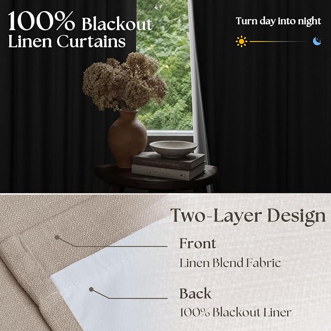 Burlywood Birch Pinch Pleated Blackout 102 Inch Linen Curtains Dual Layer | - Image 3