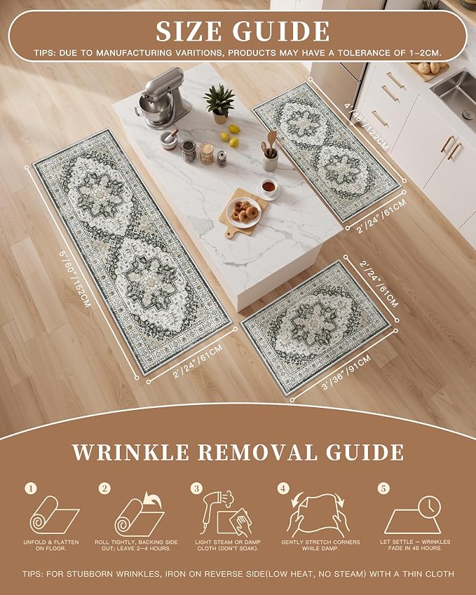 Madane Washable Kitchen Rug Set of 3 Small Area Rugs Non-Slip - Image 5