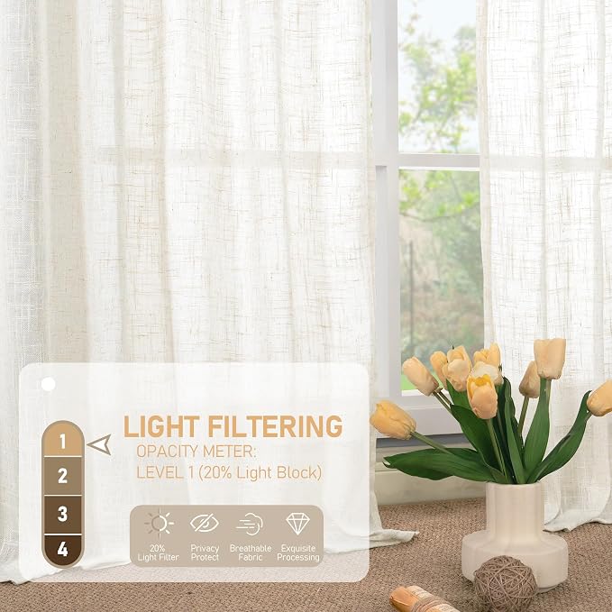68 Inch Length Linen Curtains for Bedroom 2 Panels, Cream Light Filtering Semi - Image 5