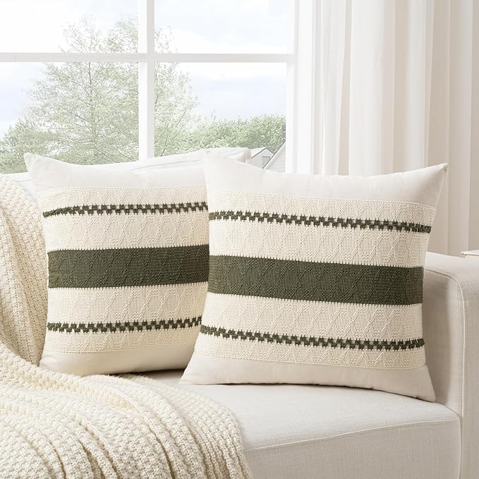 Fancy Homi Set of 1 Boho Olive Green Decorative Throw Pillow Cover 18x18 Inch - Image 2
