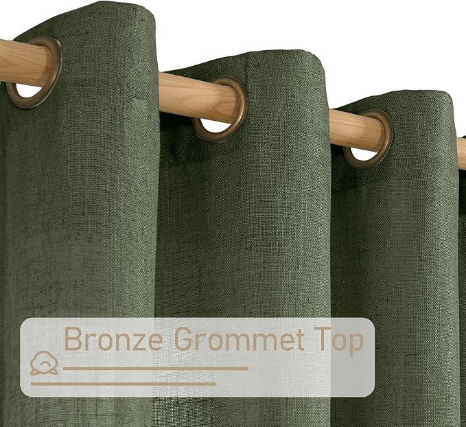 Olive Green Sheer Linen Curtains 63 inch Length - Image 2