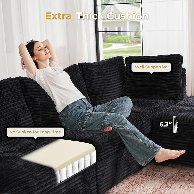 HOOOWOOO Modular Sectional Sofa,5 Pieces Sectional Couches for Living Room,131X66 L Shaped Cloud Couch Set(Black Velvet Corduroy)