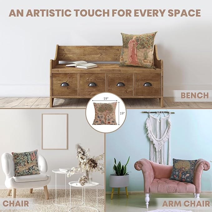 Charlotte Home Furnishings Decorative Tapestry Pillow Cover 19x19 in, Beige Kelmscott Couch Throw Pillow Cover, French Country Square Cushion Cases for Bed Room Home Decor, Soft Cotton Jacquard Woven