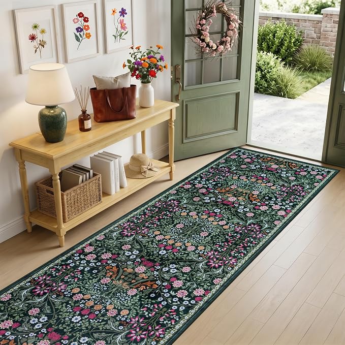 PLHXFR 2.6x10 Washable Runner Rug：Floral Indoor Kitchen Carpet Dark Green | - Image 2