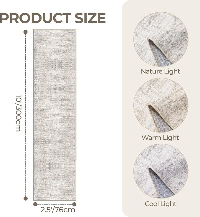 2'6 x 10' Runner Rug Non Slip, Washable Kitchen Rugs, Taupe | 10 ft Runner Rug - Image 2