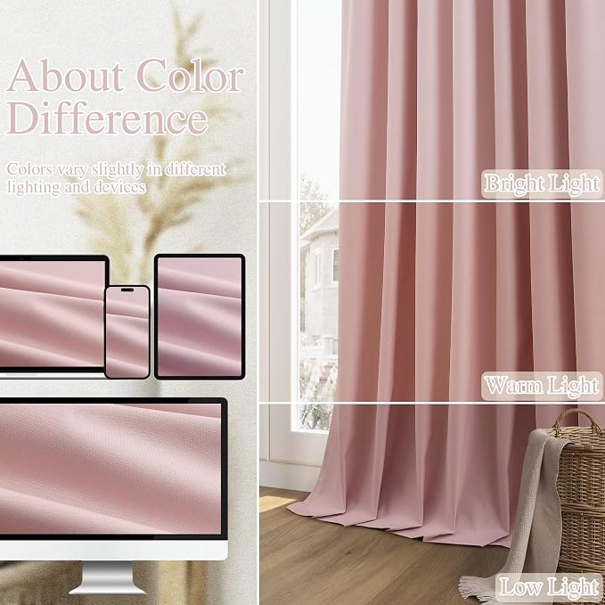Guken Pink 100% Blackout Linen Curtains 108 Inch 2 Panels Set - Image 7