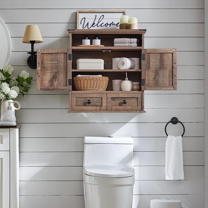 Bathroom Wall Cabinet, Farmhouse 24" Wide Medicine Cabinet with Drawer, Adjustable Shelf, Double Barn Doors, Storage Cabinets for Bathroom, Kitchen, Living Room, Rustic Brown