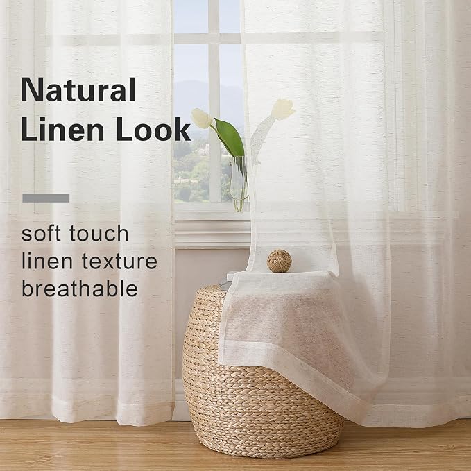 Simplebrand Natural Linen Textured Sheer Curtains 96 inches Long 2 Panels - Image 3