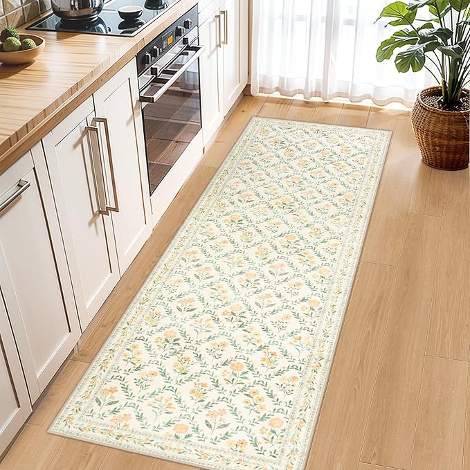 PLHXFR 2x5 Washable Runner Rug：Floral Indoor Kitchen Carpet Beige Multi | - Image 5