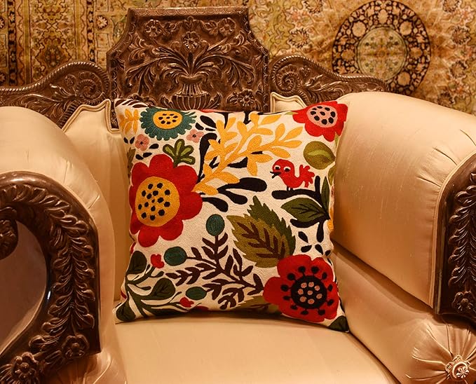 Red Polish Floral Pillow Cover Bird Flower Pillowcase Floral Outdoor Suzani Cushions Flowery Throw Chair Cushion Farmhouse Pillowsham Hand Embroidered Wool 18x18 Inch