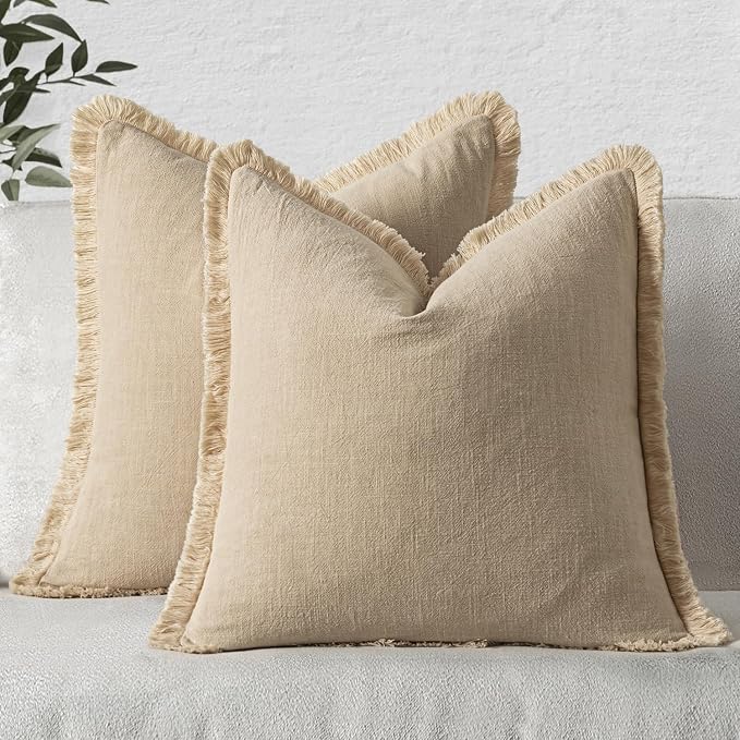 MIULEE Boho Linen Fringe Decorative Throw Pillow Covers Beige 18x18 | Set of 2 by MIULEE