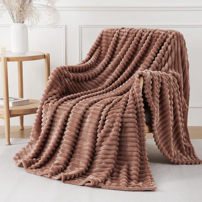 Chocolate Throw Blanket for Couch Sofa 90x90 inches Striped Design | Fleece - Image 3