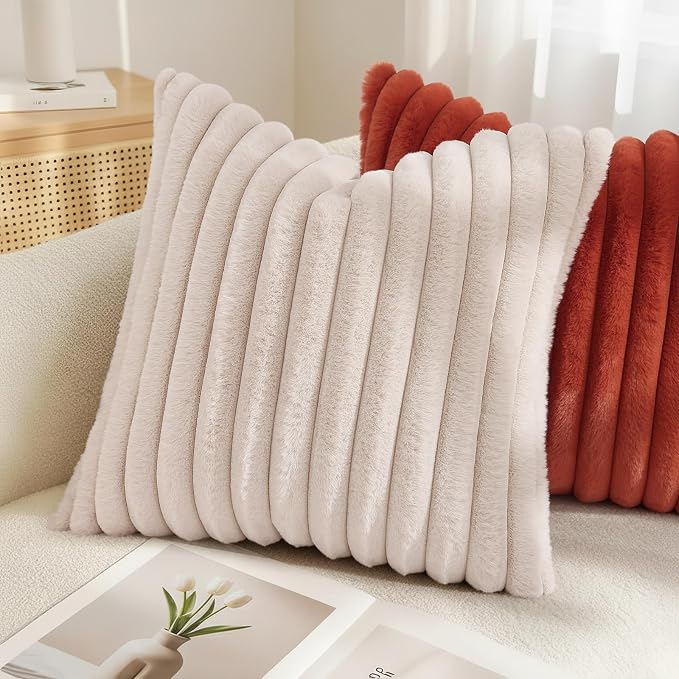 decorUhome Fall Faux Fur Throw Pillow Covers 20x20 Set of 2 Beige | Decorative - Image 4
