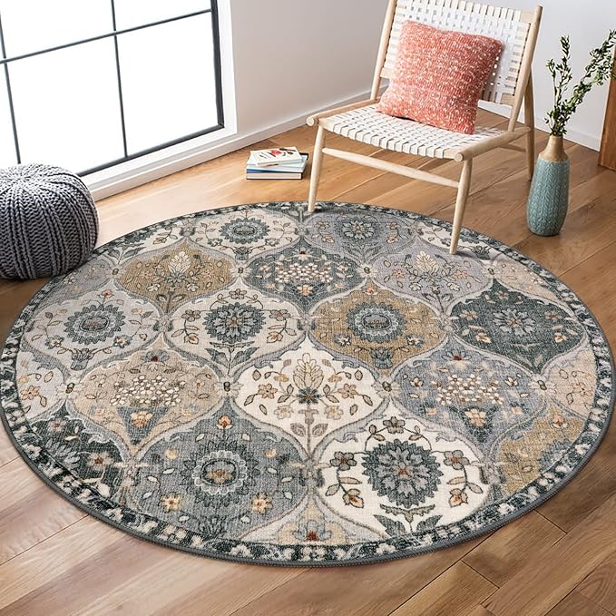 Lahome Moroccan Washable Round Rugs, Soft Vintage Round Rug 4ft | Distress by Lahome
