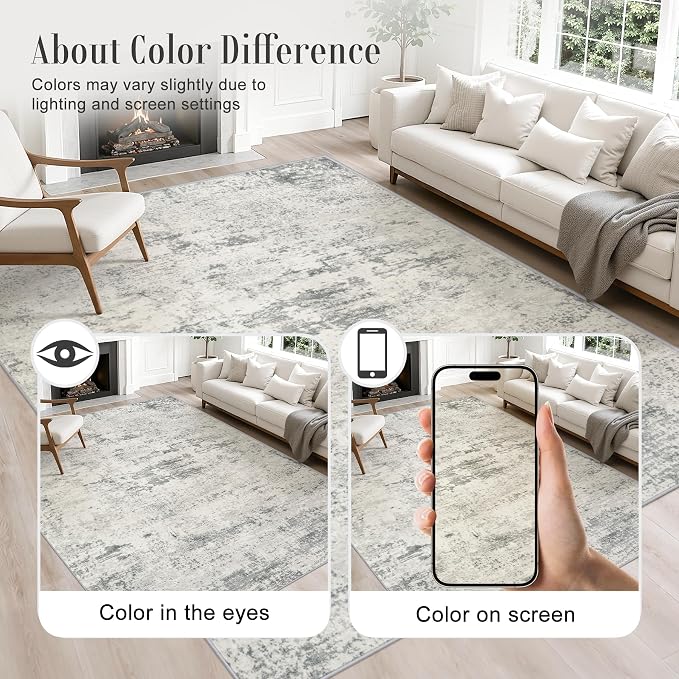 Round Area Rug Living Room: 6 ft Modern Washable Carpet Gray | - Image 4