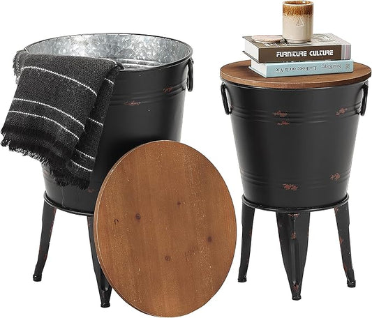 Rustic Storage Farmhouse Accent Side Table, Antique Galvanized Metal End Coffee Cocktail Table Box Bin with Round Wooden Lid Set of 2 (Black)