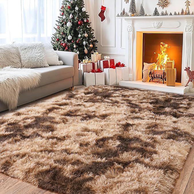 Super Fluffy Area Rug for Living Room 5x7, Shaggy Carpet, Tie-Dyed Coffee | by PIONBLANK
