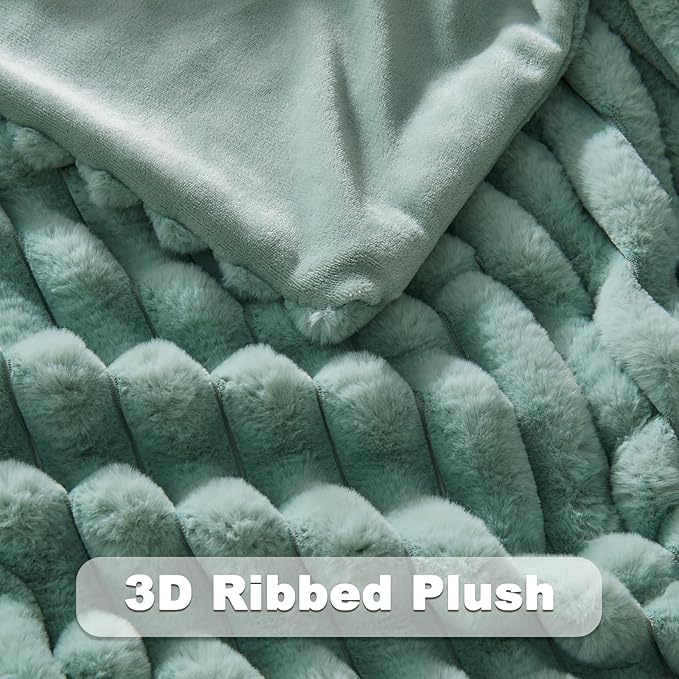NEWCOSPLAY Faux Fur Twin Blanket New Sage Green 3D Ribbed Plush Thick Warm Blanket for Couch Sofa Bed 850GSM (New Sage Green Ribbed, Twin(60"x80"))
