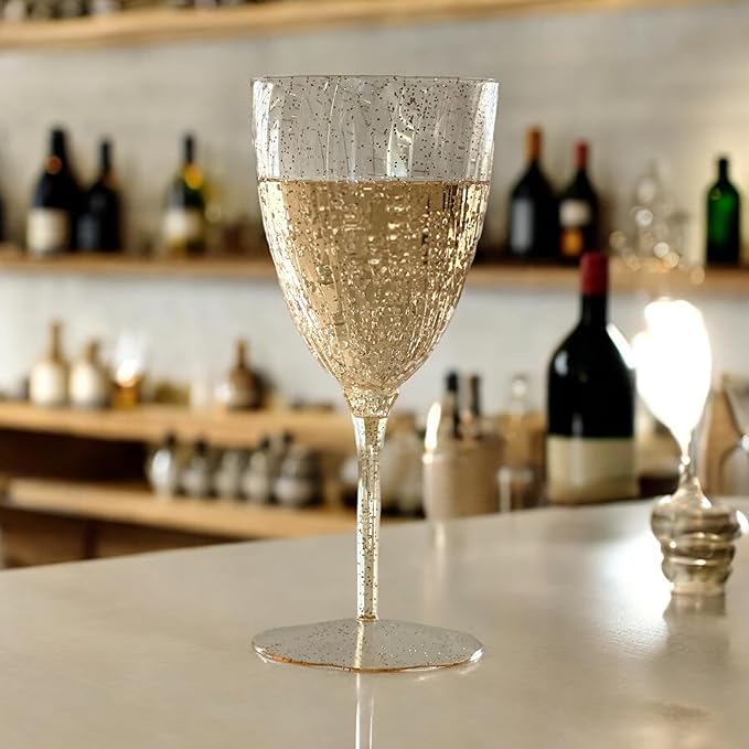 Oojami Elegant Plastic Champagne Flutes - 32 PCS, 7.8oz Disposable & Reusable Wine Glasses - Perfect for Home, Parties, Weddings, Birthdays & Celebrations (32, Gold Glitter)
