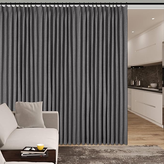 120" Wx96 L Linen Room Divider Drapes for Doorway/Glass Window/Sliding Door/Patio, Extra Wide Pinch Pleated Full Blackout Curtains for Girls Boys Teen Kids Room, 1 Panel, Natural Grey