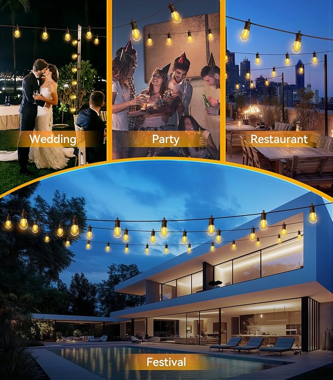 Outdoor-String-Lights-Patio-LED-Light-Outside 50Ft 15M Waterproof Remote Dimmable S14 LED Porch Lighting with 15 Edison Plastic Bulb Hanging Lights Connectable for Backyard Yard Gazebo Party Garden