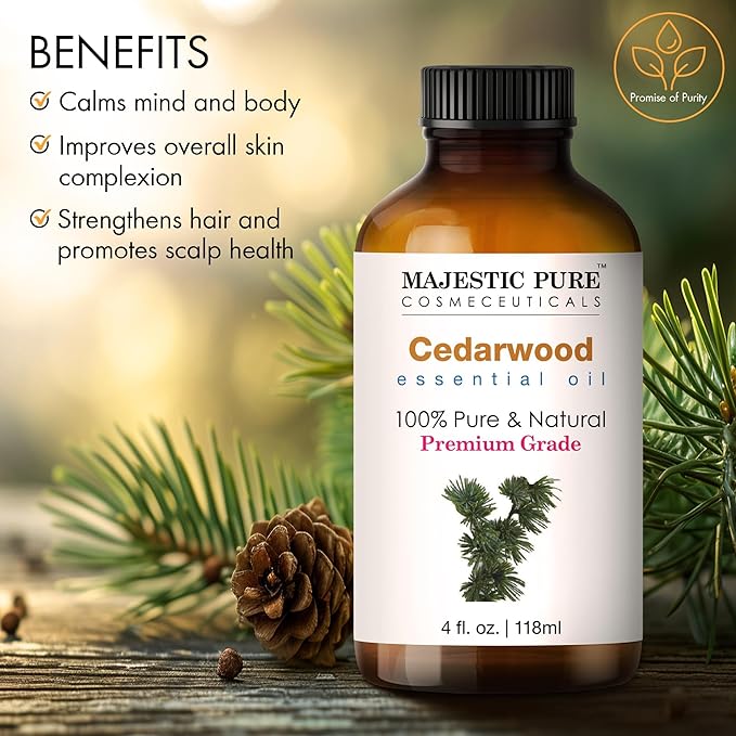 Majestic Pure Cedarwood Essential Oil with Glass Dropper - Huge 4 Fl Oz - 100% Pure and Natural Cedarwood Oil - Premium Grade Essential Oils for Diffuser, Aromatherapy, Soap and Candle Making