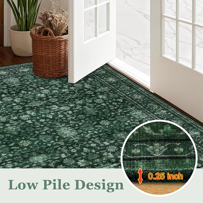 Round Area Rug for Living Room: 4ft Boho Washable Rug Deep Green | Vintage Boho - Image 8