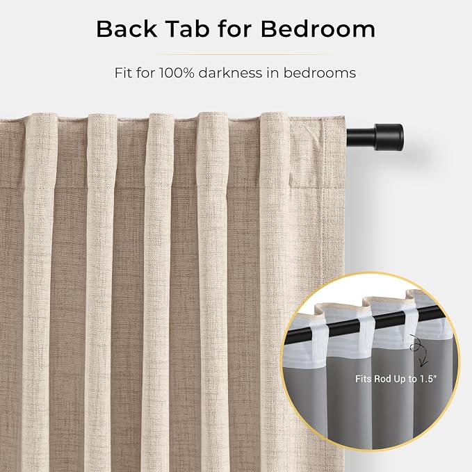 100% Blackout Curtains for Bedroom Oatmeal Linen Look Curtain 120 Inch Long | - Image 4