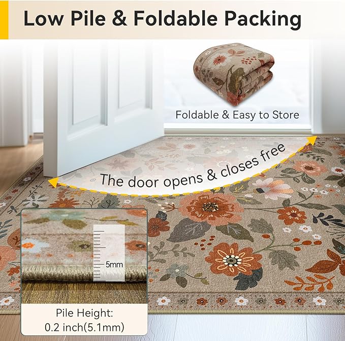 RELEANY Floral Washable 6x9 Area Rugs Brown/Brick | Flower Carpet Print Boho - Image 4
