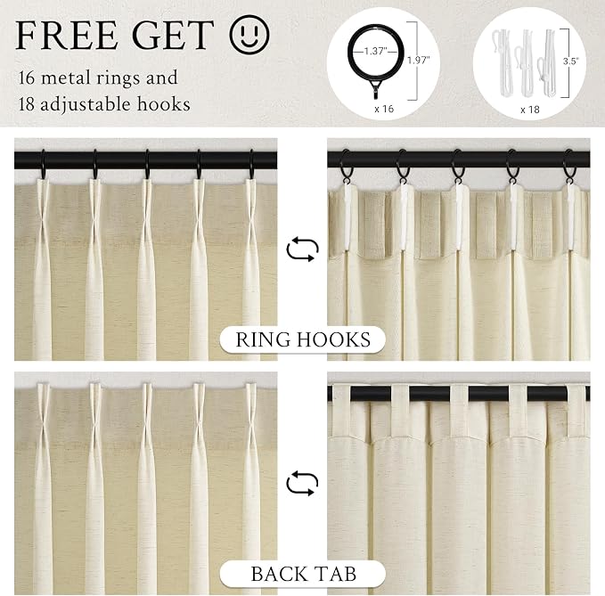 Topfinel 105 Inch Curtains 2 Panels Set, Two Packs Pinch Pleat Back Tab Linen - Image 6