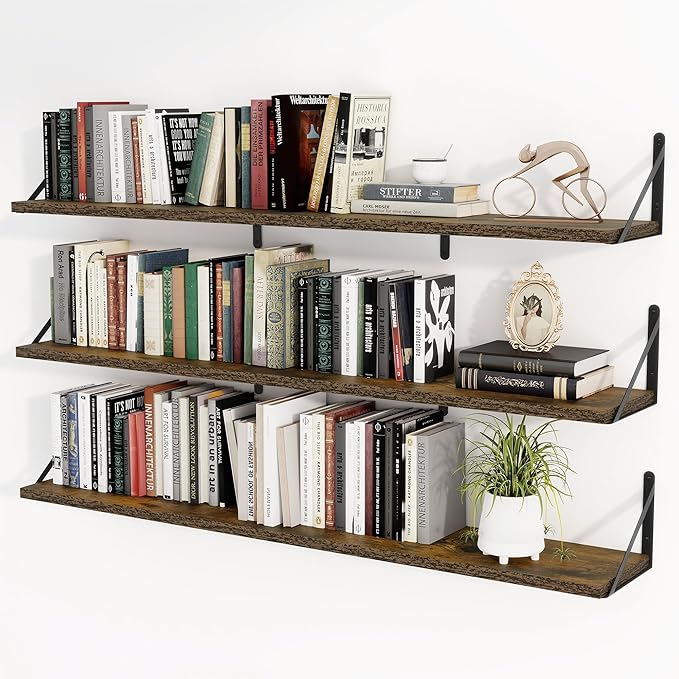 Heimlove 48 Inch Large Floating Bookshelves Set of 3,Rustic Brown Wood Wall Mounted Bookshelves,Heavy Duty Shelves for Living Room,Bedroom,Kitchen,Laundry Room Storage & Decor